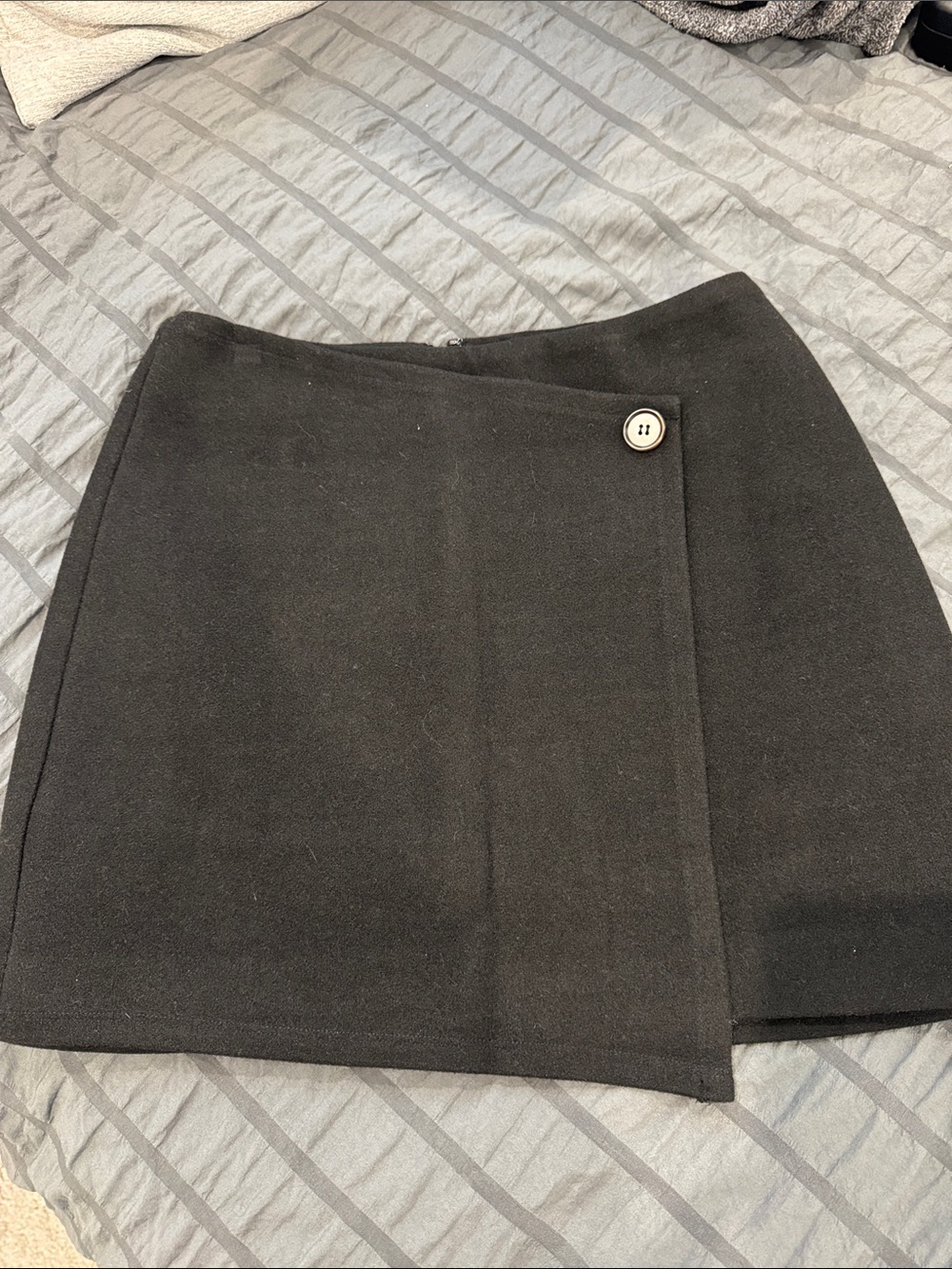 Commense Black Asymmetrical Wrap Mini Skirt with Button